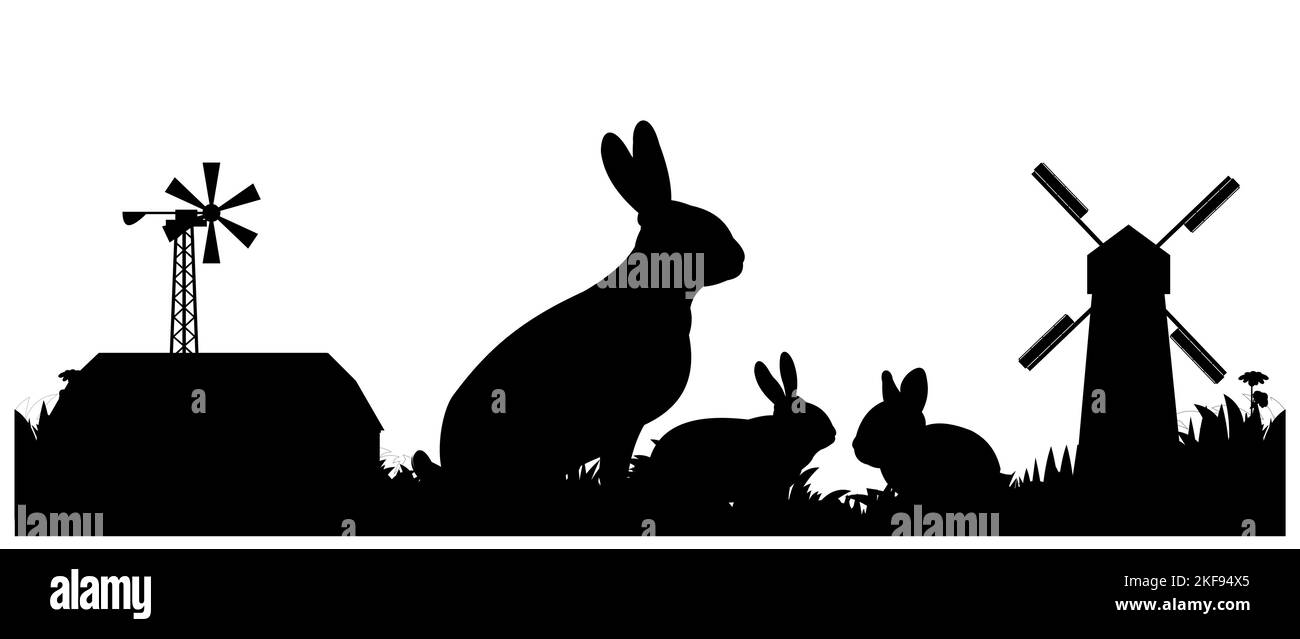 La mère de lapin avec des petits paissent. Silhouette noire. Animaux de la ferme. Animaux à fourrure. Isolé sur fond blanc. Vecteur. Illustration de Vecteur