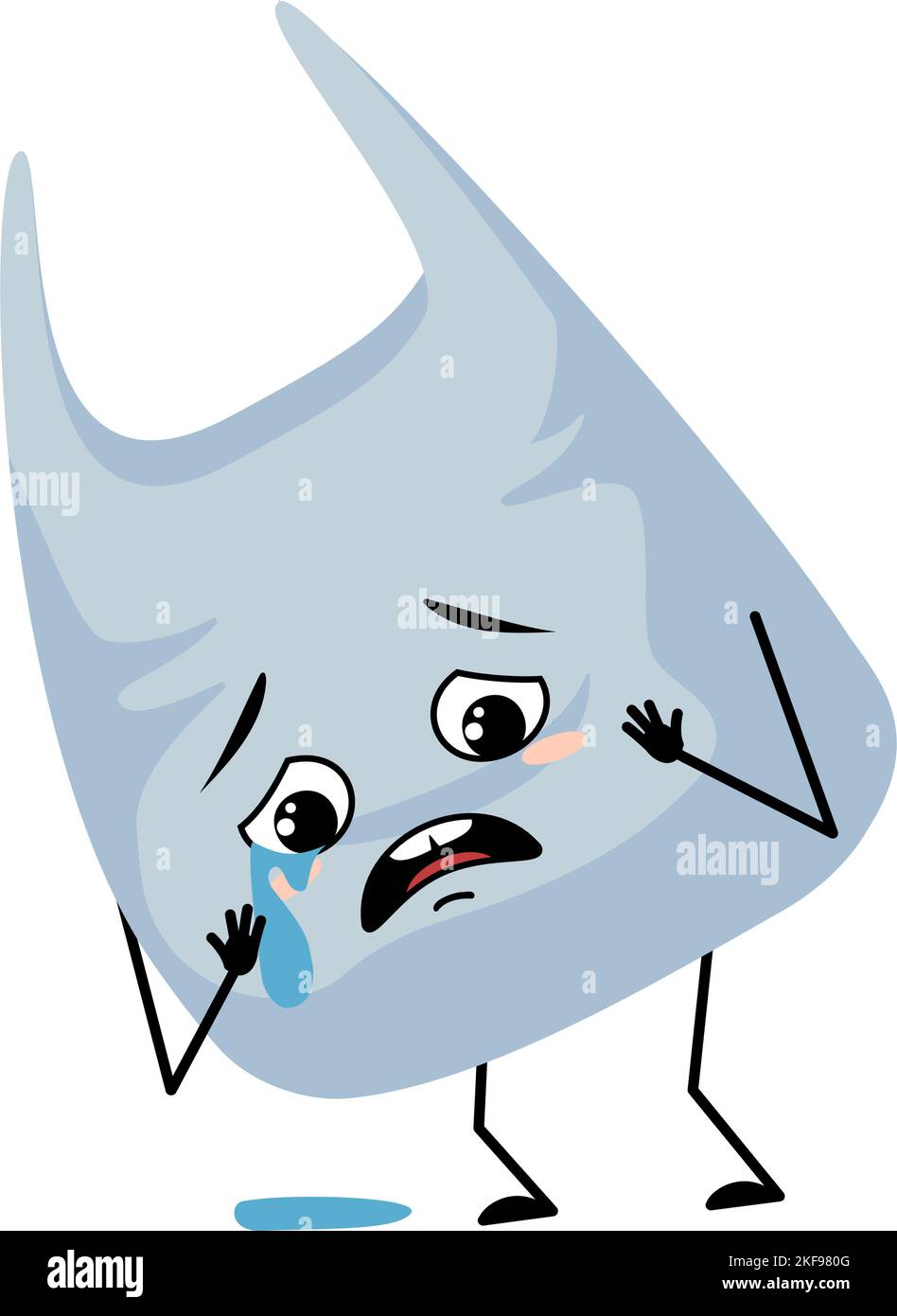 Forfait de personnages mignons avec des pleurs et des larmes d'émotion, un visage triste, des yeux dépressifs, des bras et des jambes. Sac en plastique avec visage mélancolique. Illustration vectorielle plate Illustration de Vecteur