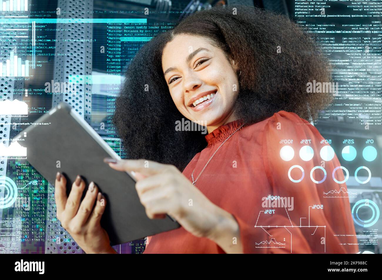 Superposition, futuriste et femme d'affaires avec tablette, pour 3D, trading et analyse pour les données ou la technologie fintech. Double exposition, technologie de l'information Banque D'Images