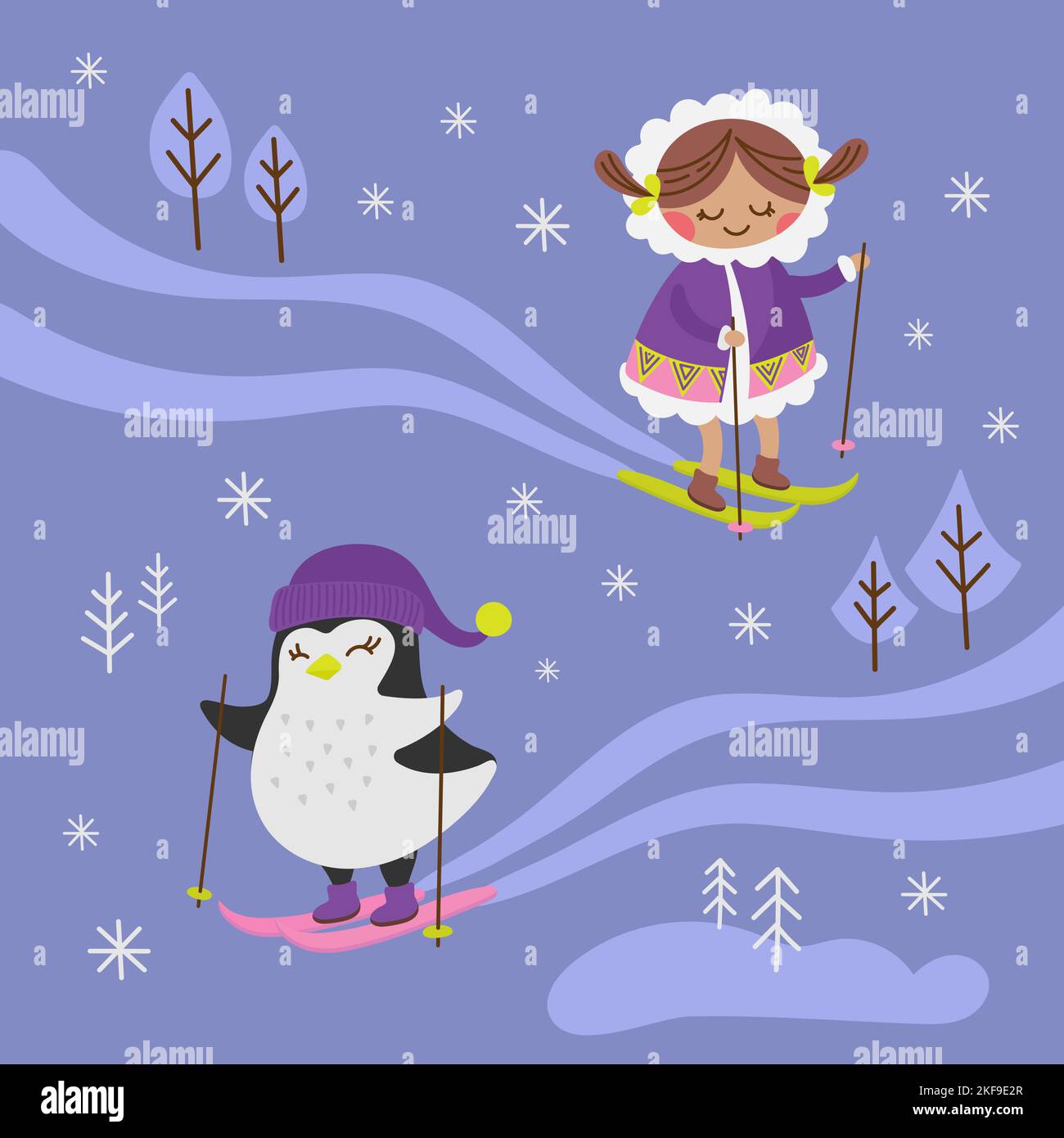 ARCTIC FANTASY Winter Girl Penguin Bird Child Comic Funny Animal Flat Design dessin main dessin vectoriel Illustration Set pour l'impression Illustration de Vecteur
