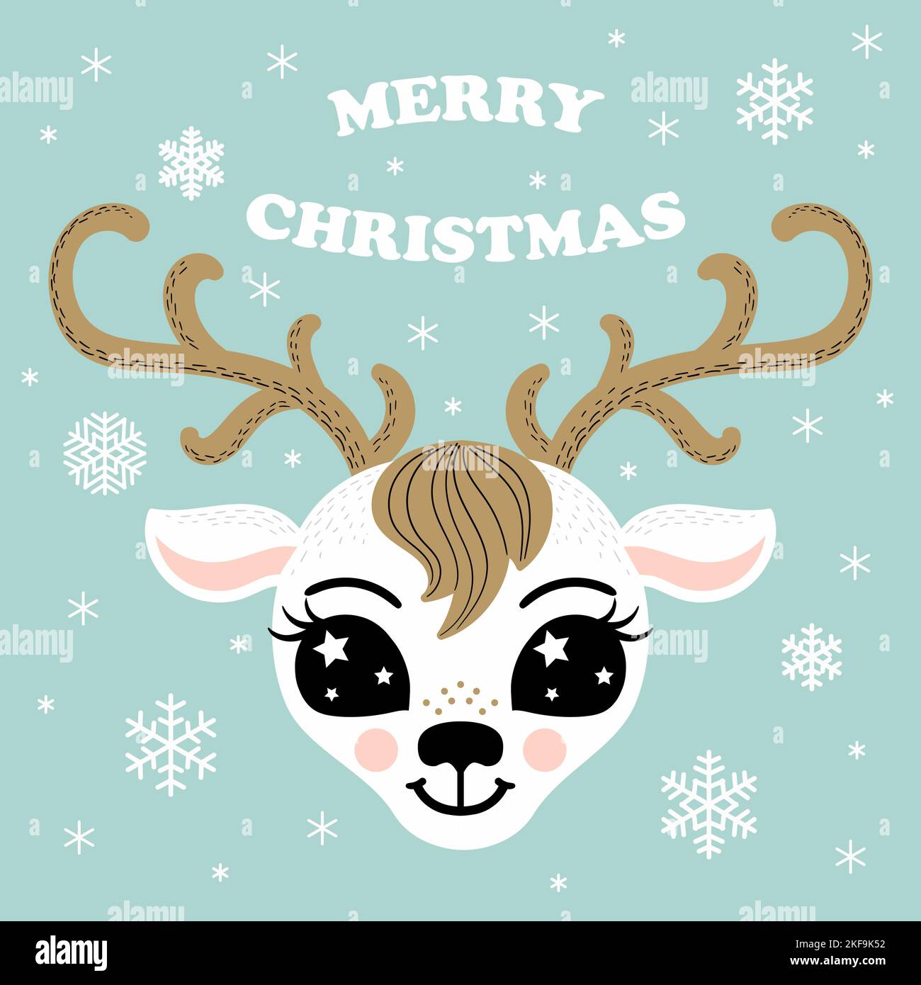 Lettrage Joyeux Noël. Thème d'hiver avec la tête d'un joli cerf de bande dessinée. Pour la conception des imprimés de Noël et du nouvel an, des affiches, des cartes, invita Illustration de Vecteur
