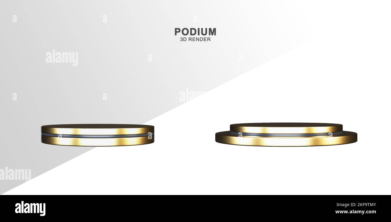 Podium or réaliste avec bande noire isolée sur fond blanc pour l'affichage des produits, rendu 3D. Banque D'Images