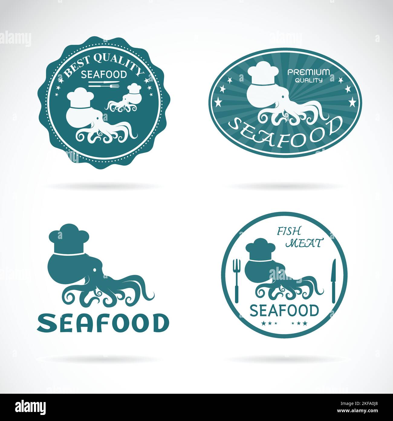 Ensemble d'étiquettes de fruits de mer à poulpe vectorielle sur fond blanc. Illustration vectorielle superposée facile à modifier. Nourriture. Animaux. Illustration de Vecteur