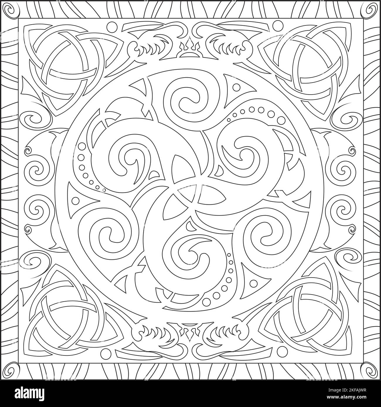 Page de coloriage Illustration en format carré pour adultes, Tritkelion Celtic Knot Mandala Design Illustration de Vecteur