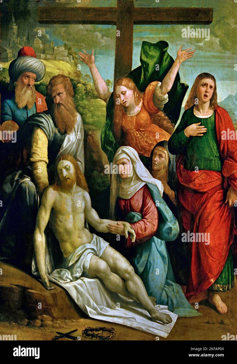 Présentation avec la Sainte Marie, Saint Jean, Magdalene, Marie de Cléopa, Nicodème et Joseph d'Arimathea - atelier Garofalo? En fait, le travail d'un disciple de Tis, un artiste proche de Giovan Battista Benvenuti , connu sous le nom d'Ortolano 1527, Italie, italien, Banque D'Images