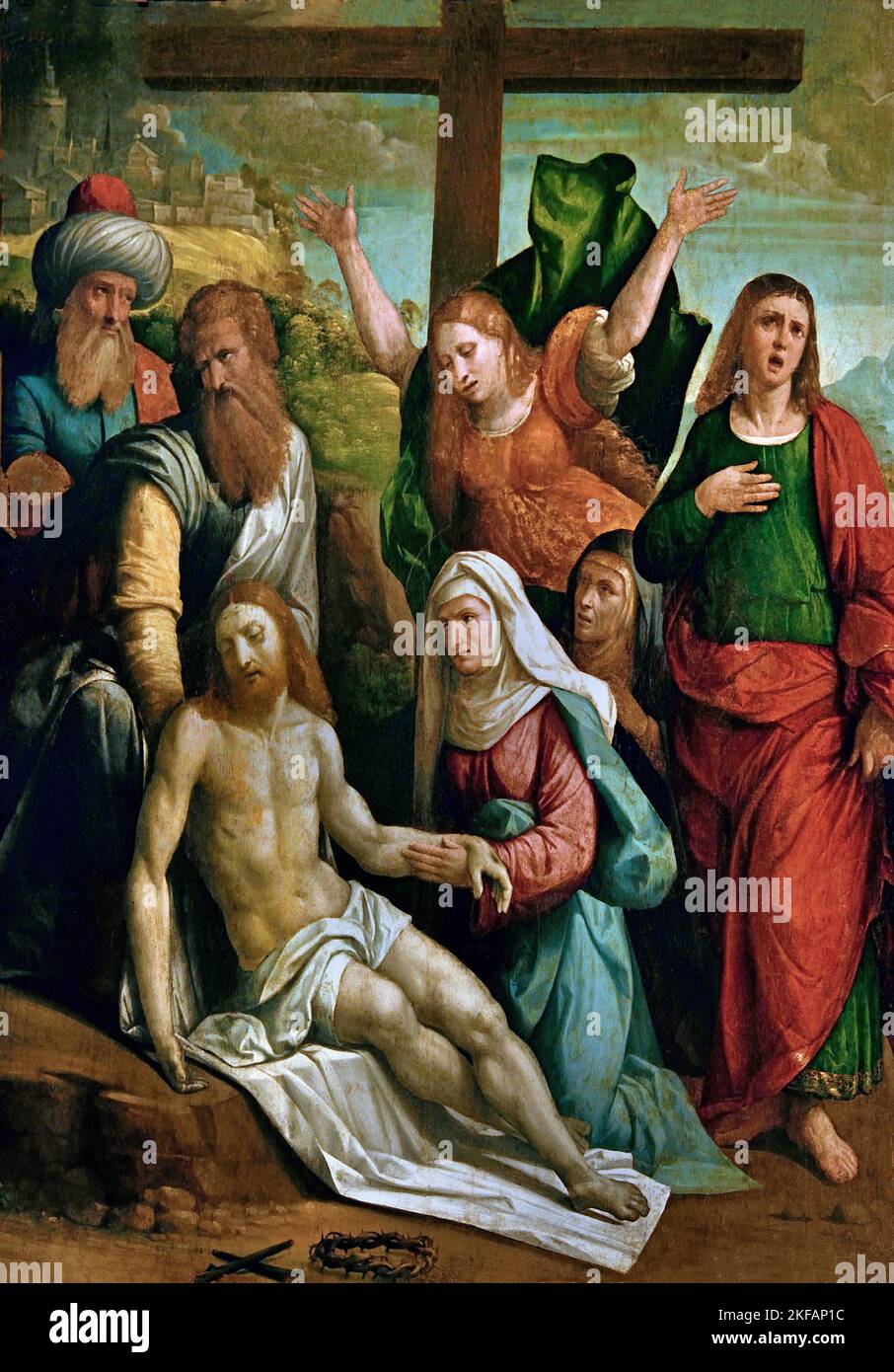 Présentation avec la Sainte Marie, Saint Jean, Magdalene, Marie de Cléopa, Nicodème et Joseph d'Arimathea - atelier Garofalo? En fait, le travail d'un disciple de Tis, un artiste proche de Giovan Battista Benvenuti , connu sous le nom d'Ortolano 1527, Italie, italien, Banque D'Images