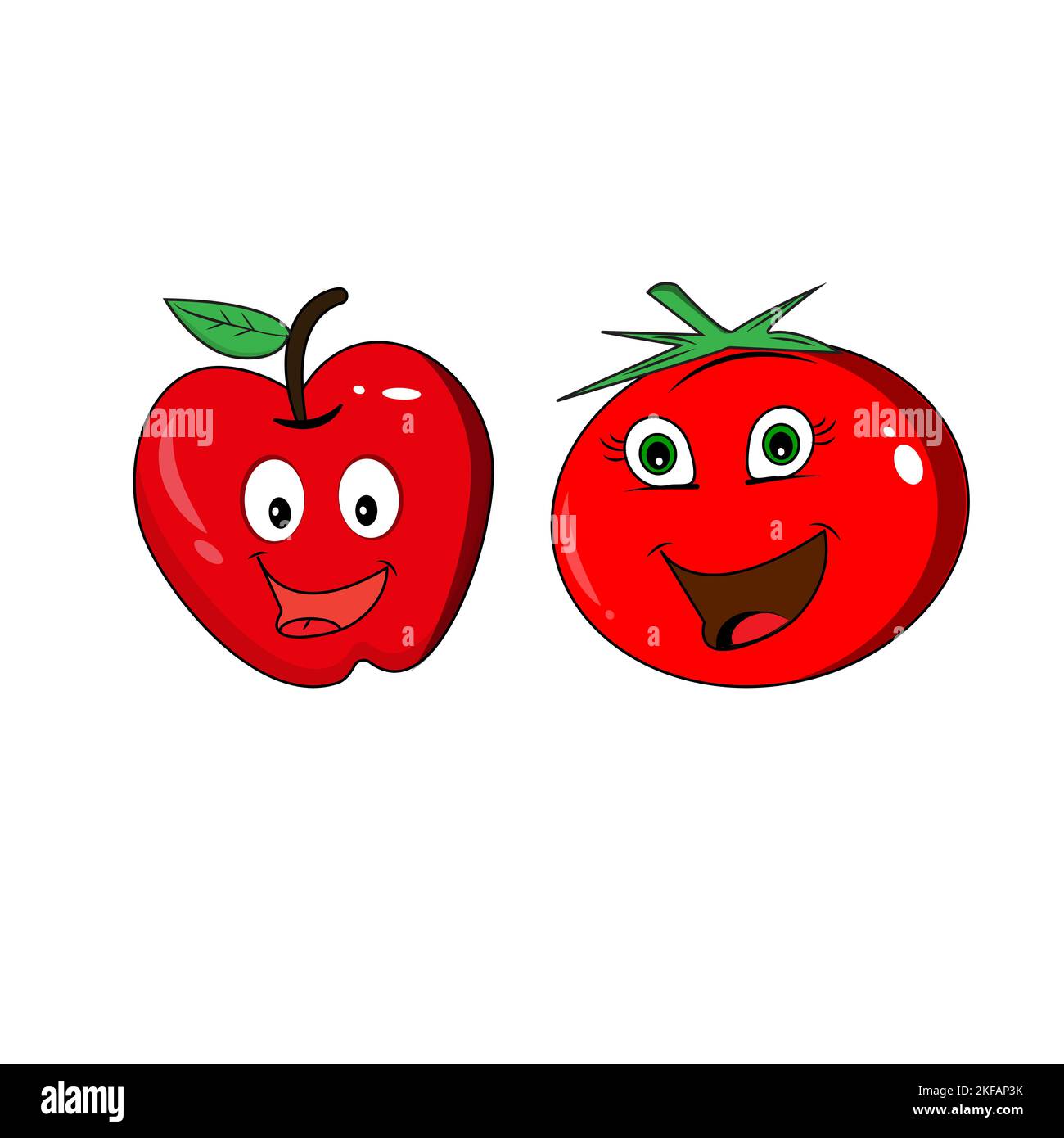 Ensemble visage de fruits souriant et joyeux. Collection d'icônes d'illustration de personnages de dessin animé à plan vectoriel kawaii. Ensemble d'émotiji à l'orange, aux pommes et aux tomates Illustration de Vecteur