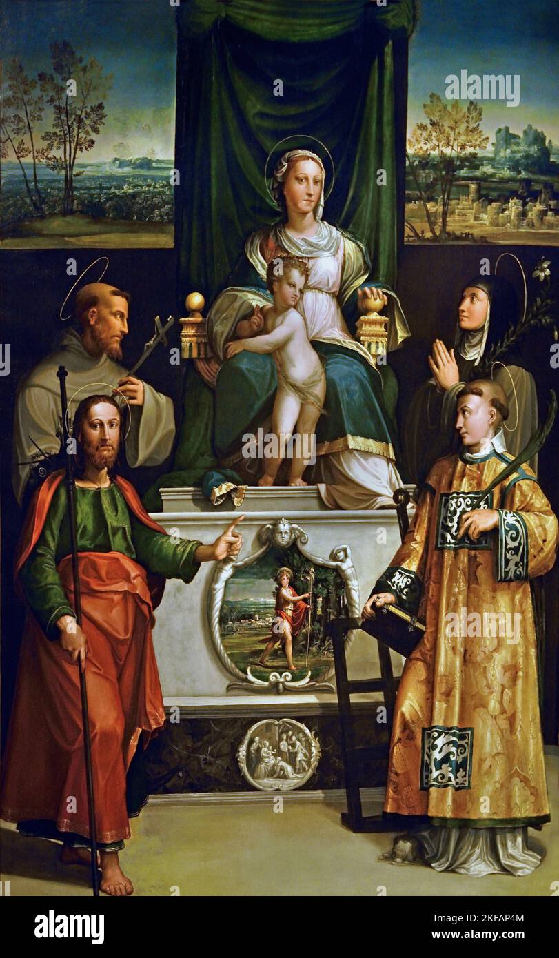La Vierge à l'enfant s'est entronisée avec les saints Jacques le Grand, Lawrence, François d'Assise et Clare, 1530-35, par Nicolo dell'Abate, 1509-1571, Italie, italienne. Banque D'Images