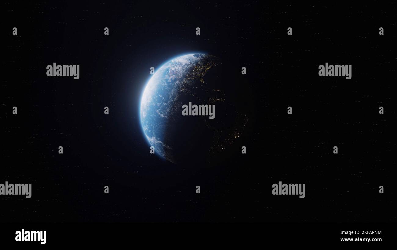 jour et nuit sur la planète la terre tourne dans l'espace avec l'étoile dans l'univers. Atmosphère réaliste 3D nuages volumétriques texture surface de la planète bleue Banque D'Images