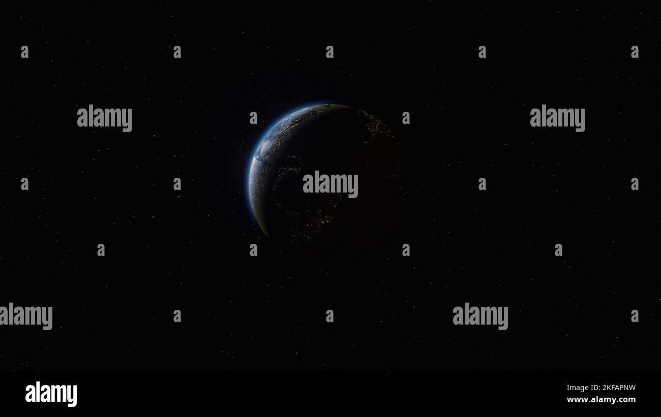 la nuit sur la planète la terre tourne dans l'espace avec l'étoile dans l'univers. Atmosphère réaliste 3D nuages volumétriques texture surface de la planète bleue Banque D'Images