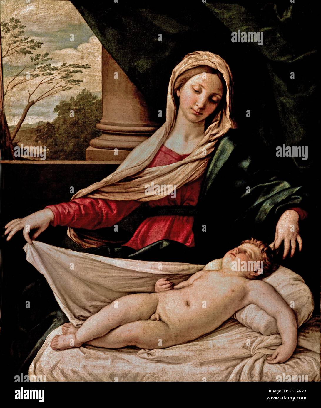 Madonna avec l'enfant endormi 1660 par Giovanni Battista Salvi da Sassoferrato, 1609 – 1685, Giovanni Battista Salvi, peintre baroque italien, connu pour son attachement archatizing au style de Raphaël, Banque D'Images