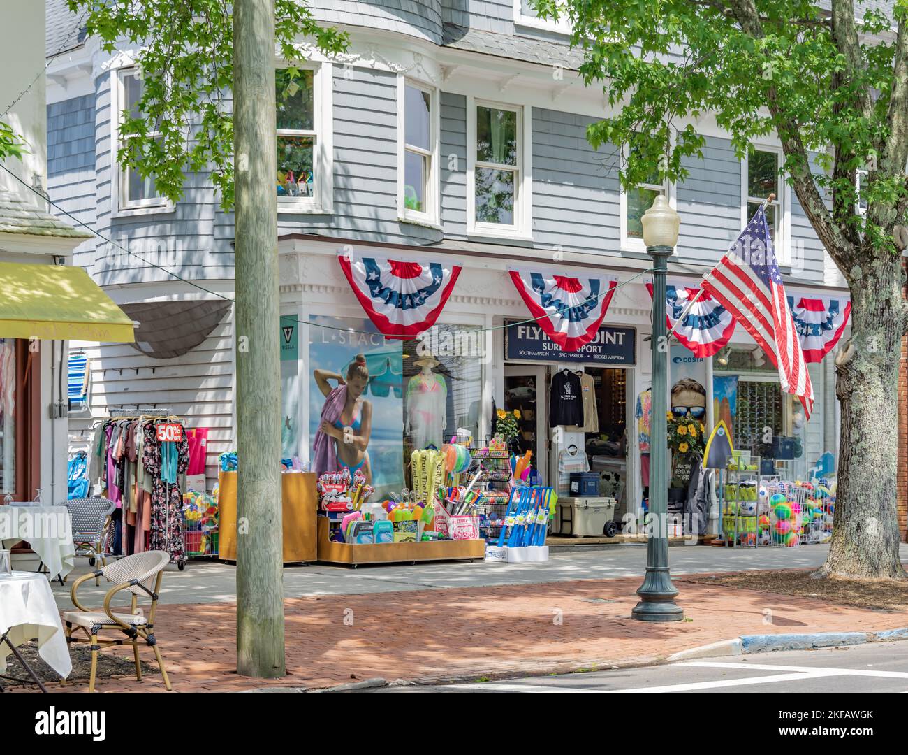 Façade d'un magasin de détail, Flying point, surf et sport à Southampton, NY Banque D'Images