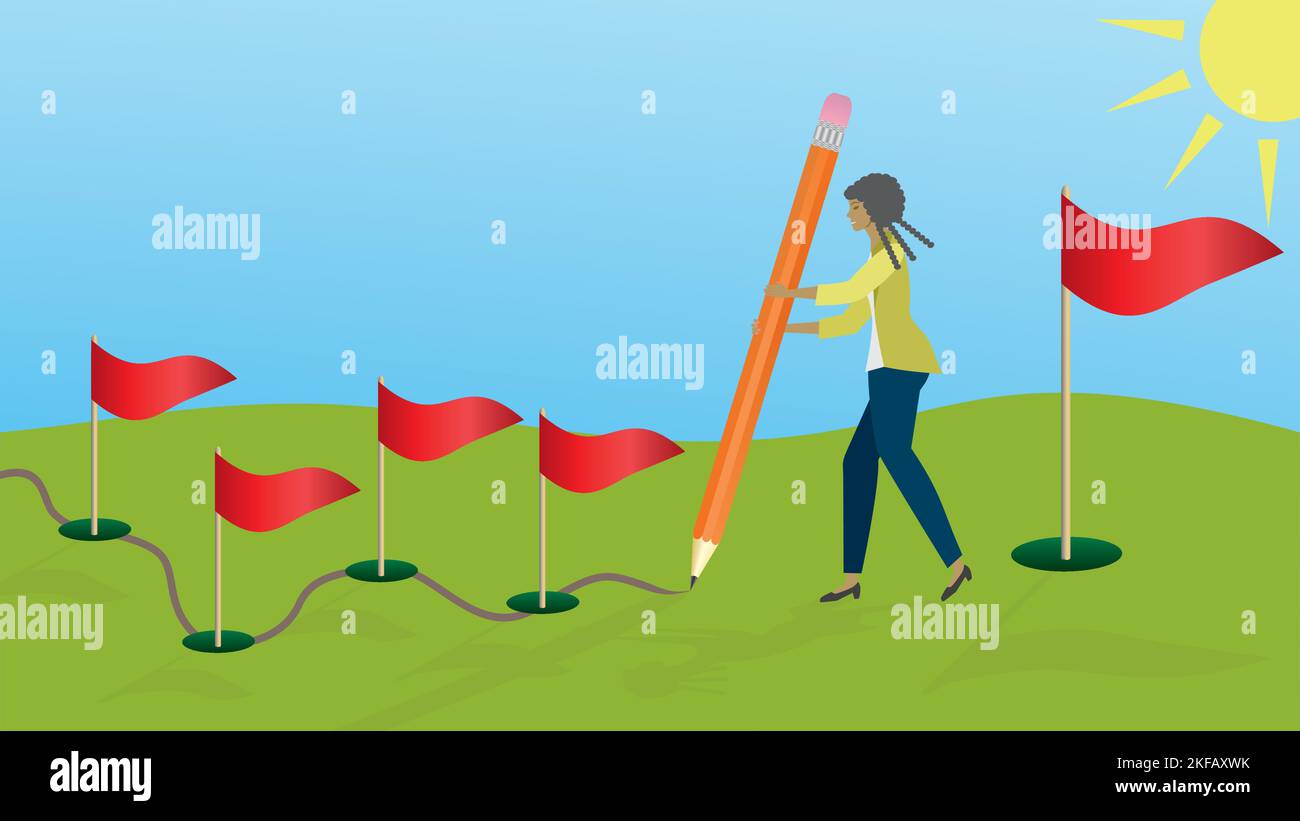 Femme planifiant son chemin vers le grand but. Dimension 16:9. Illustration vectorielle. Illustration de Vecteur