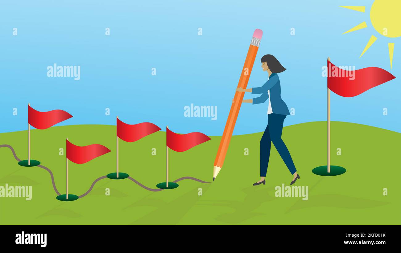 Femme planifiant son chemin vers le grand but. Dimension 16:9. Illustration vectorielle. Illustration de Vecteur