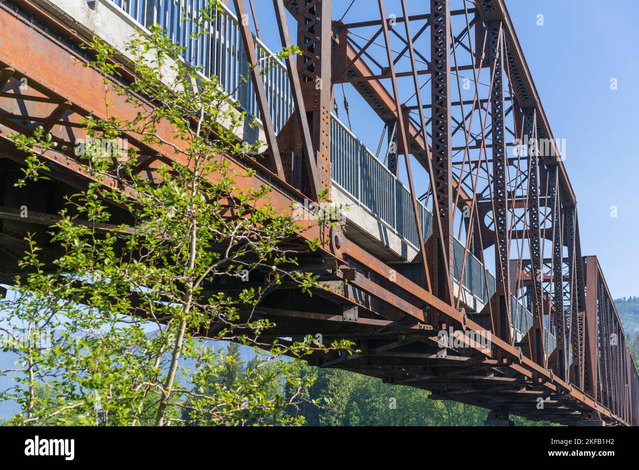 Construit il y a plus d'un siècle en 1920, l'ancien pont ferroviaire au-dessus de la rivière Clark Fork dans le comté de Bonner, Idaho, fait 996 pieds de long, un exploit d'ingénierie. Banque D'Images