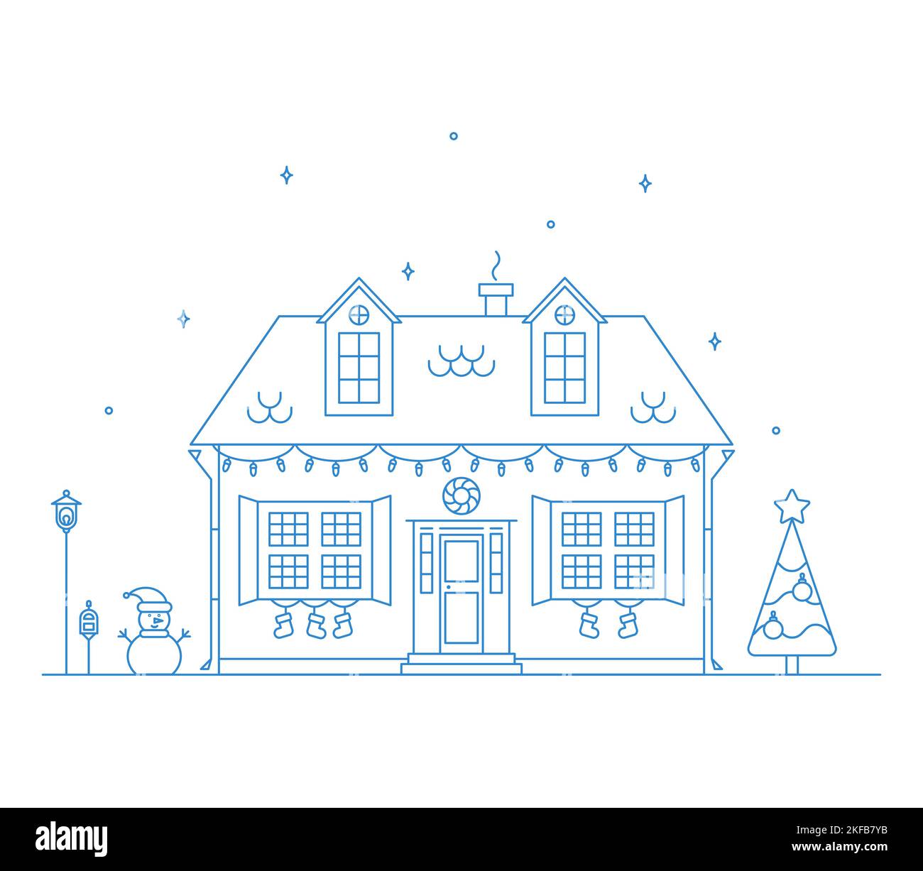 Quartier art ligne illustration de Noël avec maison. Illustration de Vecteur
