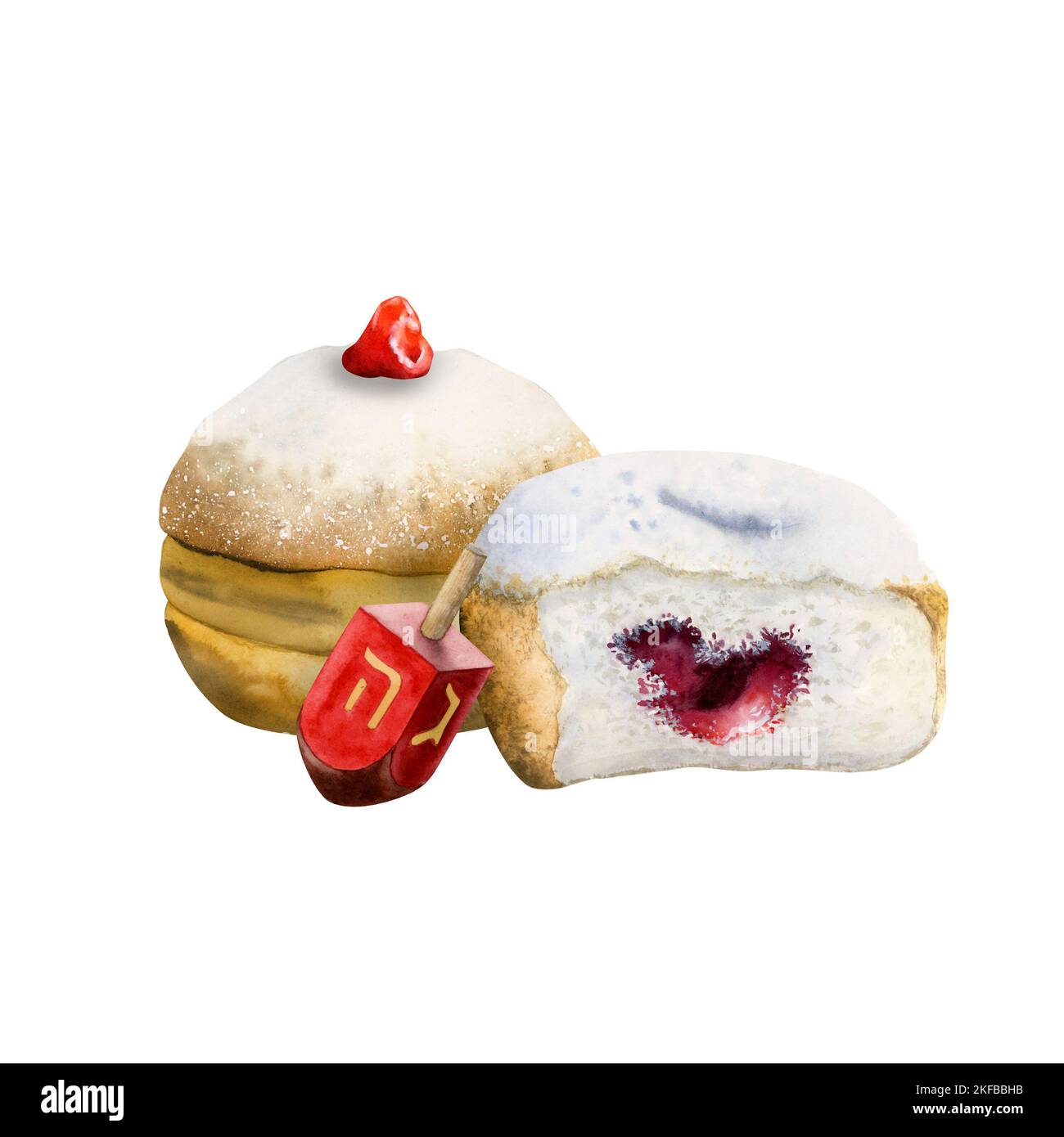Délicieux beignets Hanukkah avec un drêidel rouge. Illustration aquarelle dessinée à la main isolée sur blanc. Sufganiyot et savivon. Banque D'Images