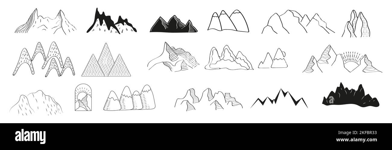 Montagnes doodle icônes ensemble de vecteur. Ensembles de silhouettes de rochers. Chaînes et hauts de montagne dans un style linéaire. Logo de randonnée d'hiver. Illustration de Vecteur