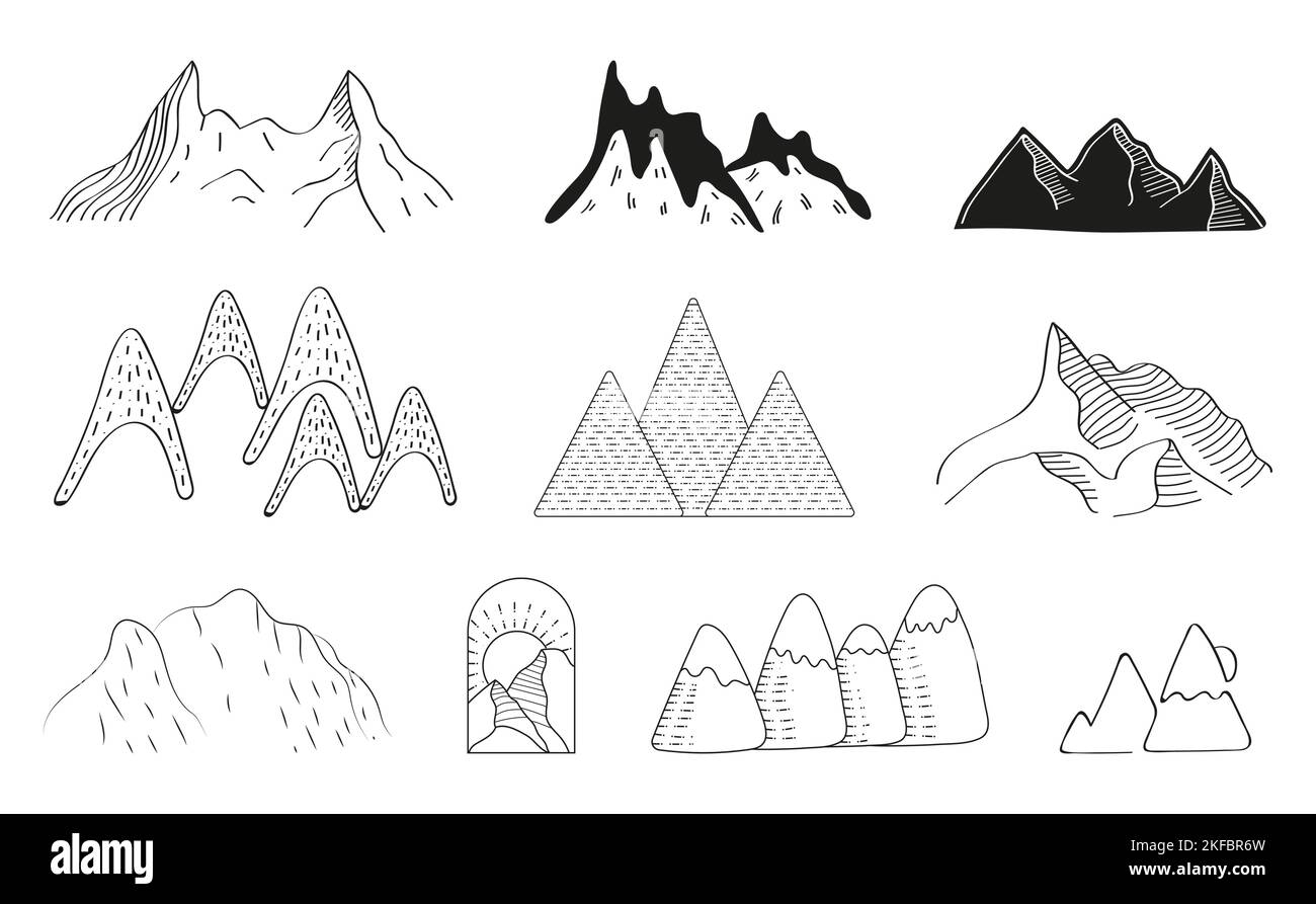 Montagnes doodle icônes ensemble de vecteur. Ensembles de silhouettes de rochers. Chaînes et hauts de montagne dans un style linéaire. Logo de randonnée d'hiver. Illustration de Vecteur
