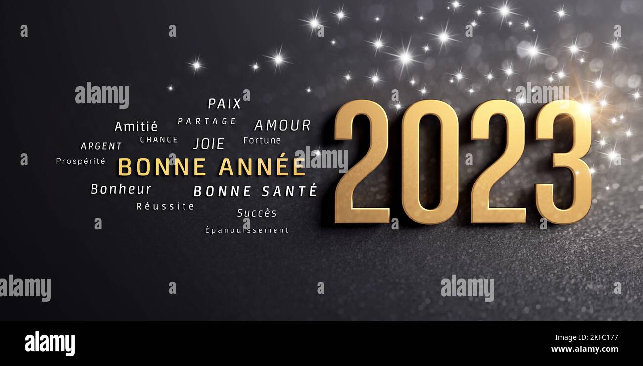 Joyeux nouvel an en français et 2023 numéros de date en or, sur une carte noire étincelante Banque D'Images