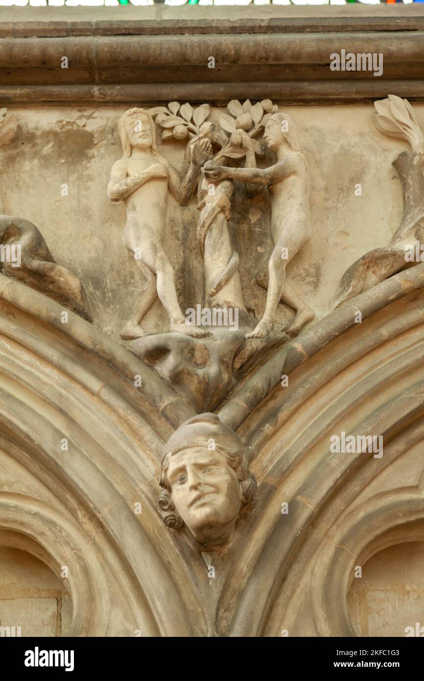 Détail de la frise médiévale Adam & Eve dans la Maison du Chapitre de la cathédrale de Salisbury Banque D'Images