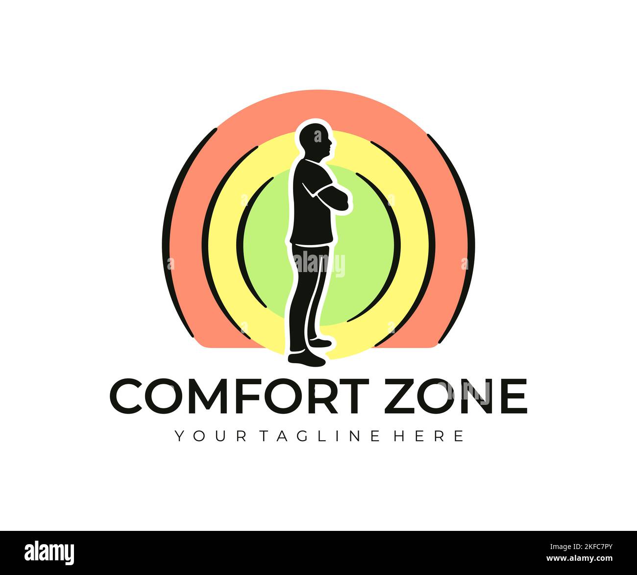 Homme debout dans sa zone de confort, schéma avec différentes zones, logo. Sortir de la zone de confort, choisir et choisir entre le confort Illustration de Vecteur