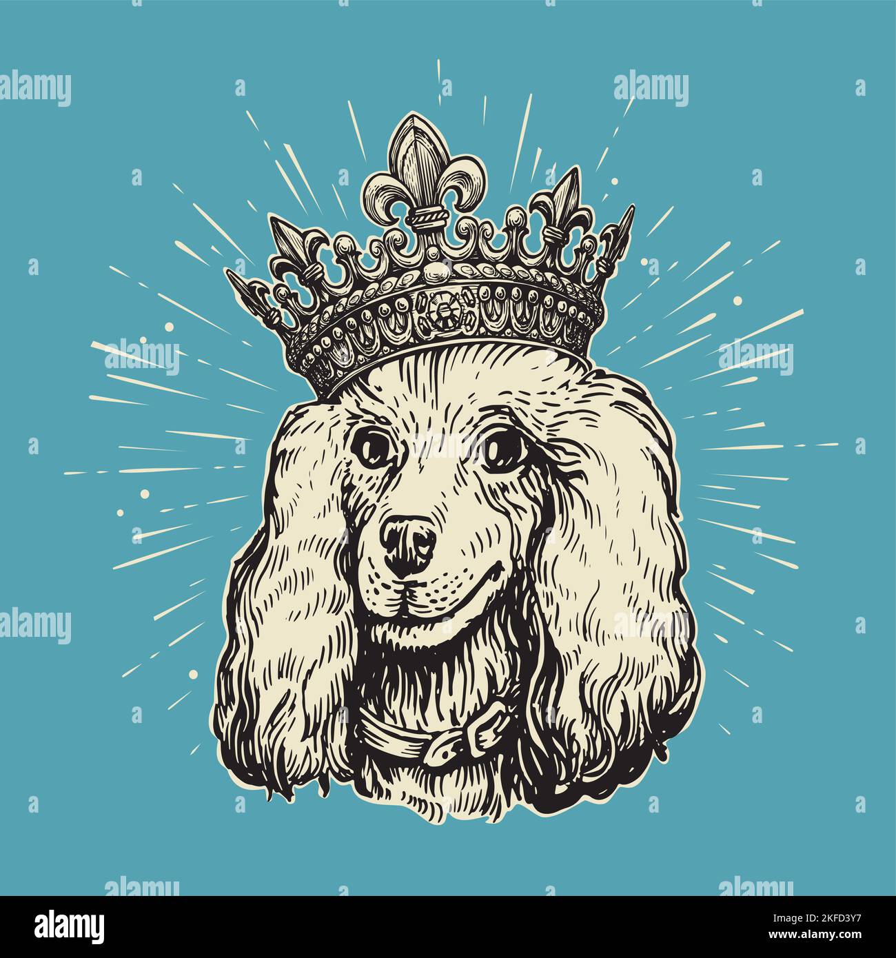 Magnifique caniche en couronne de style rétro. Adorable chien royal en forme de coolette. Illustration d'un animal domestique, d'un vecteur d'esquisse de chiot Illustration de Vecteur