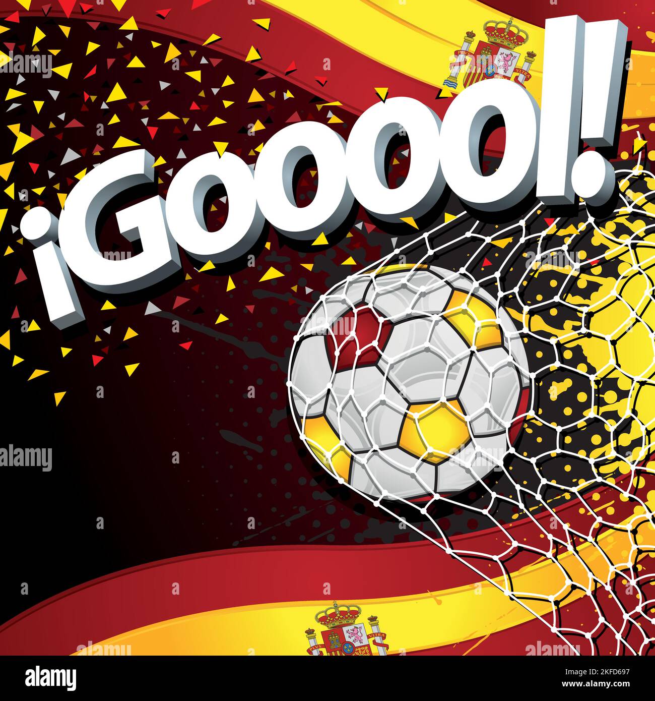 Mot GOOOOL en blanc 3D police à côté d'une balle de football marquant un but sur un fond de drapeaux espagnols et de confetti jaune et rouge. Image vectorielle Illustration de Vecteur