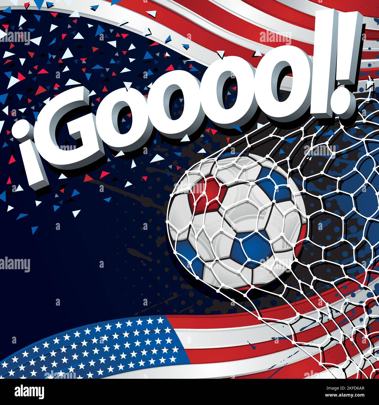 Mot GOOOOL à côté d'une balle de football marquant un but sur un fond de drapeaux des États-Unis d'Amérique et de confetti blanc, rouge, et bleu. Image vectorielle Illustration de Vecteur