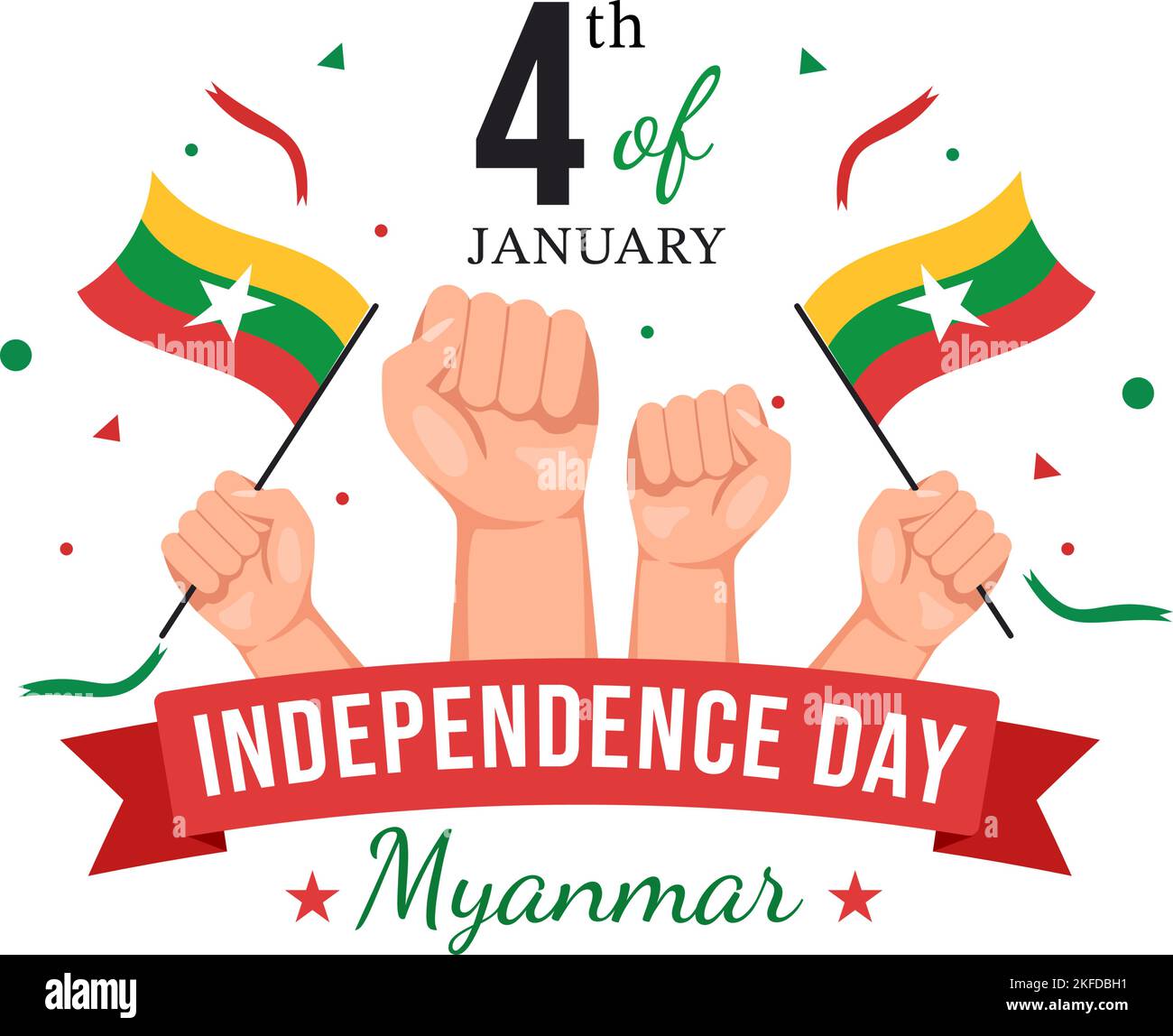 Célébration de la Journée de l'indépendance du Myanmar à 4 janvier avec drapeaux sur fond de dessin animé Illustration des modèles dessinés à la main Illustration de Vecteur