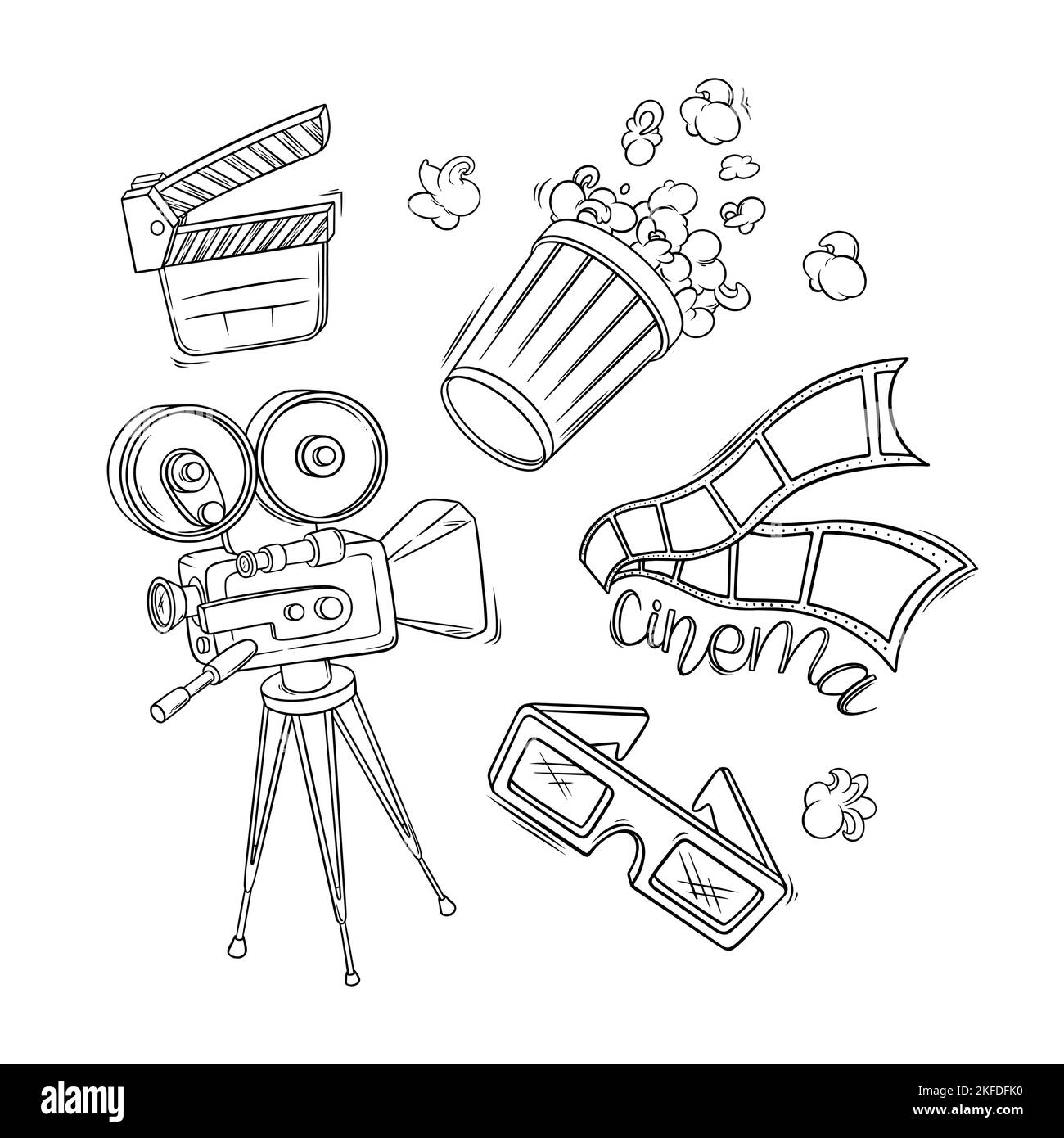 Film de cinéma, appareil photo, pop-corn et autres objets. Décor cinéma dans un style doodle. Illustration vectorielle isolée sur fond blanc Illustration de Vecteur