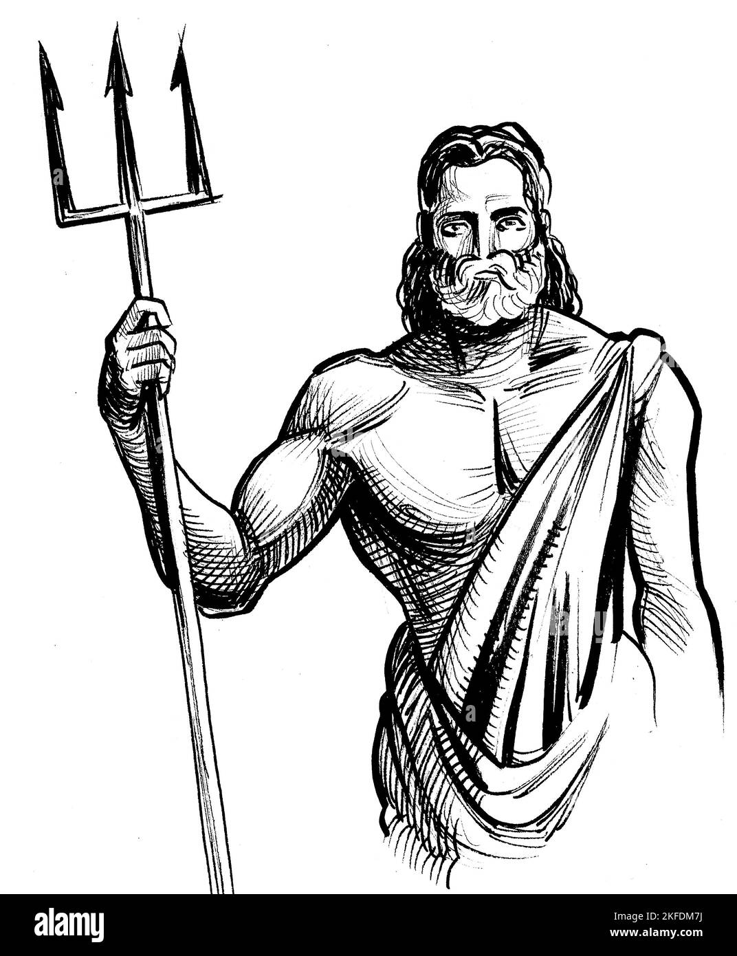 Poseidon dieu avec trident. Dessin noir et blanc Banque D'Images