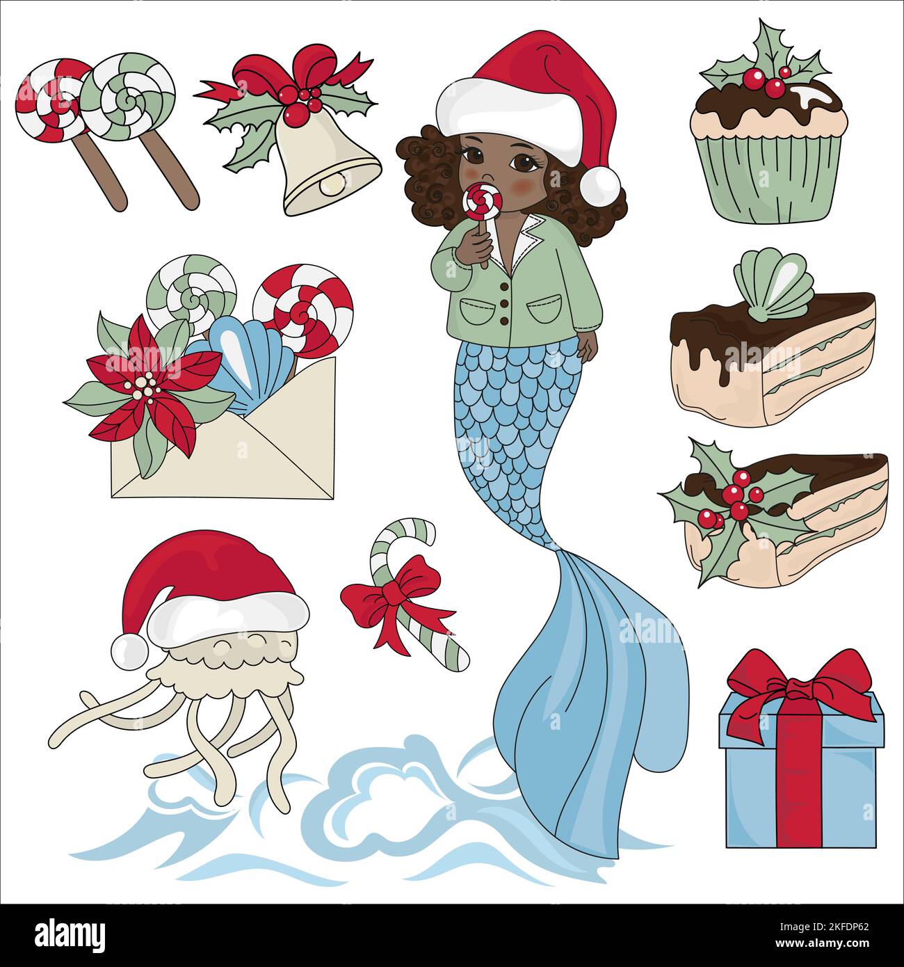 BLACK MERMAID Cartoon nouvel an Joyeux Noël hiver vecteur Illustration ensemble pour impression Illustration de Vecteur