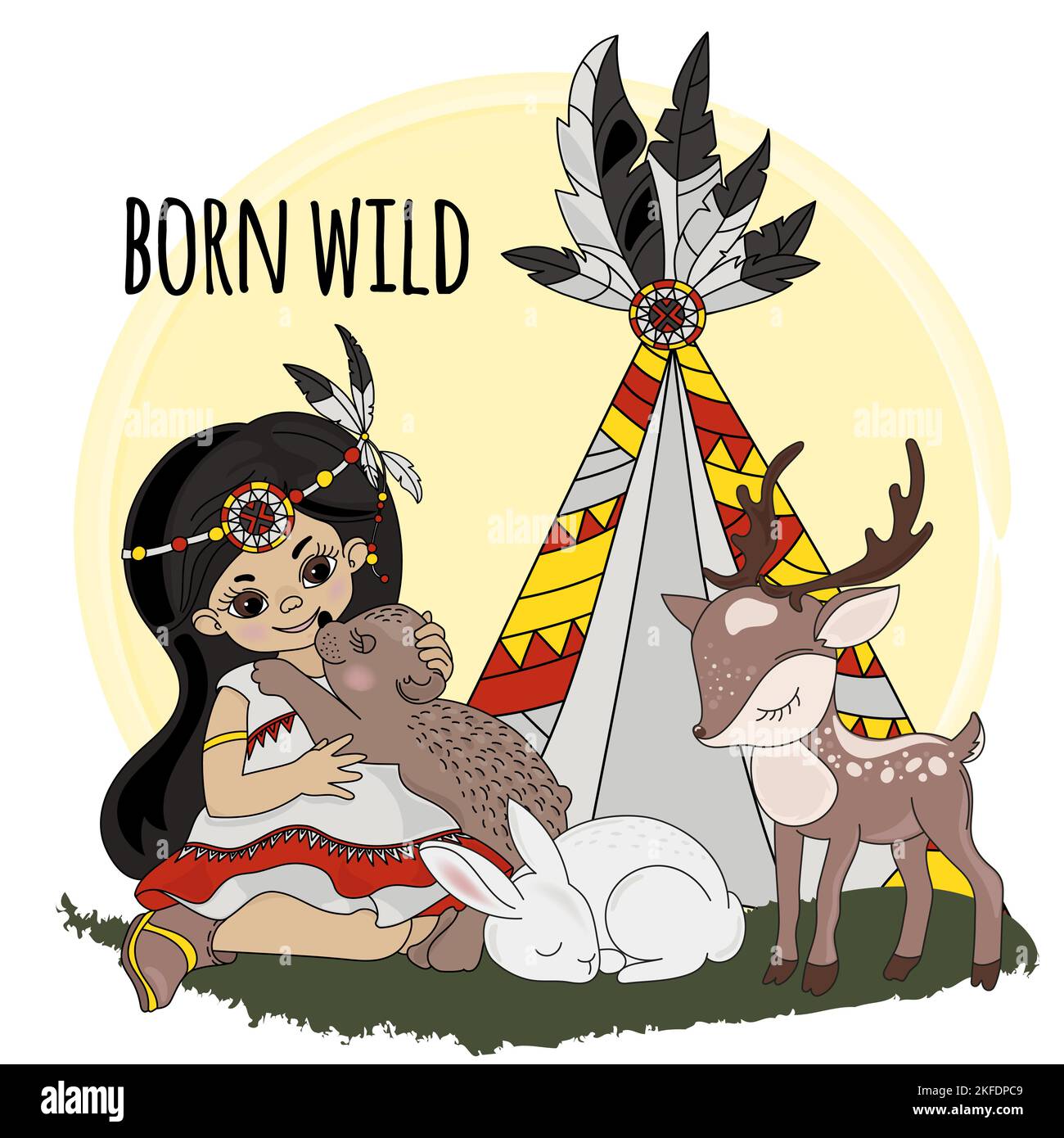 BORN WILD Pocahontas Indians Princess Animals American Native Vector Illustration Set for Print Illustration de Vecteur