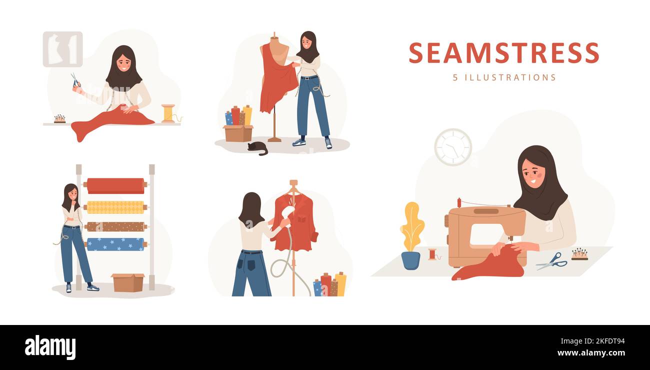 Concept de couture. La femme islamique fait la couture, coupe, prend des mesures et coud des vêtements. Couturier ou couturier. Illustration vectorielle dans Illustration de Vecteur