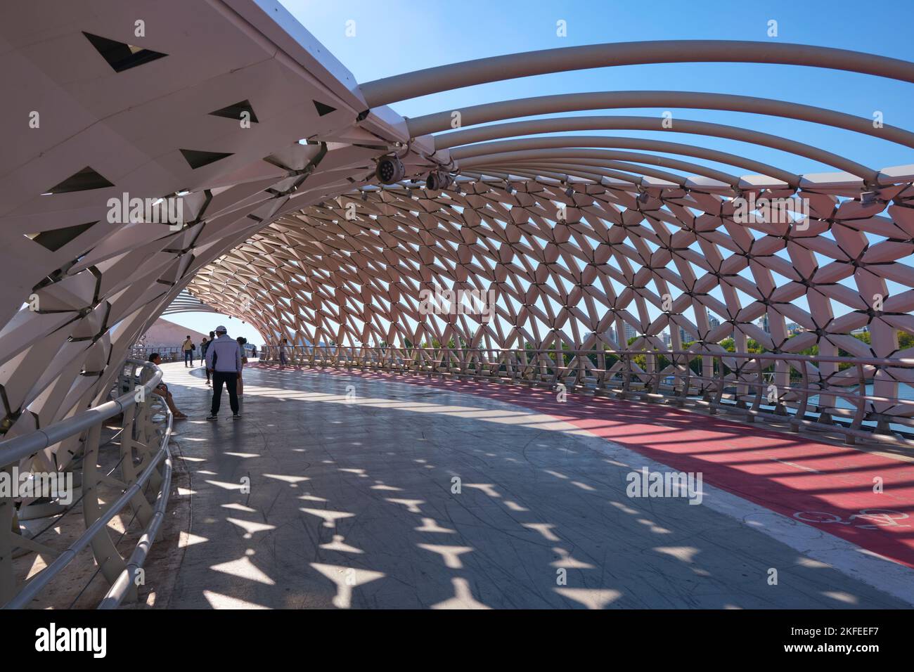 Une vue sur les courbes, le tissage ouvert, le mesh, le métal. Au pont moderne et piétonnier d'Atyrau à Astana, Nur Sultan, Kazakhstan. Banque D'Images