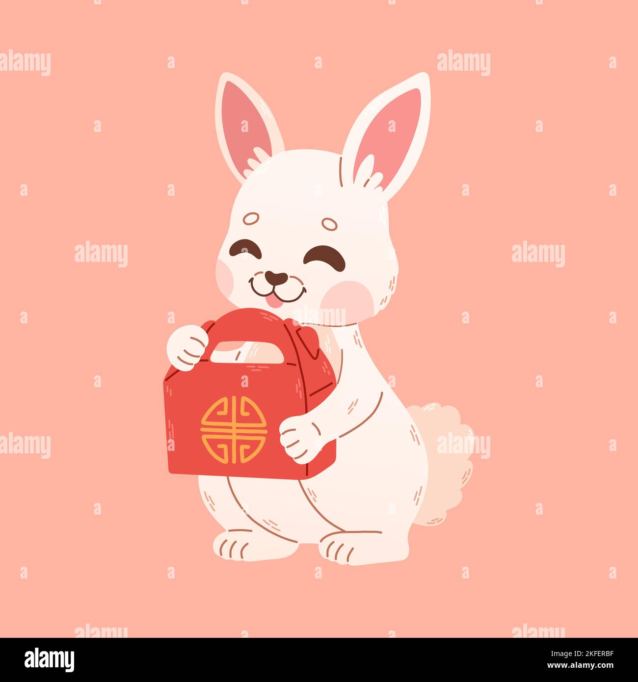 Bonne carte de vœux chinoise du nouvel an 2023 avec joli lapin et boîte chinoise rouge. 2023 carte CNY. Vecteur Illustration de Vecteur
