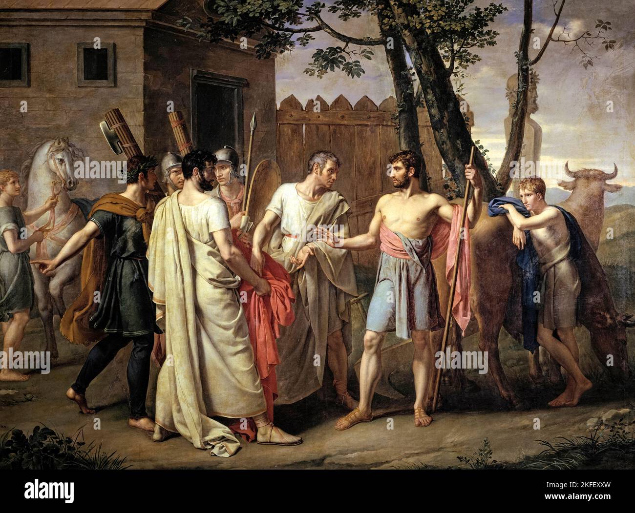 Le Lonngatus quitte le Plough pour dicter des lois à Rome [Cincinato abangona el arado para investir leyes a Roma] de l'artiste espagnol Juan Antonio Ribera peint en 1806 montrant des sénateurs nommant Lucius Quinctius dictatus comme dictateur pour rétablir l'ordre en 458BC et de nouveau en 439BC. Banque D'Images