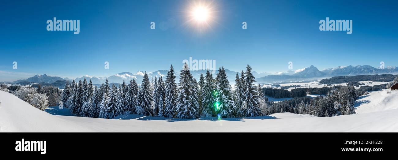 paysage en hiver avec chaîne de montagnes et soleil sur ciel bleu Banque D'Images