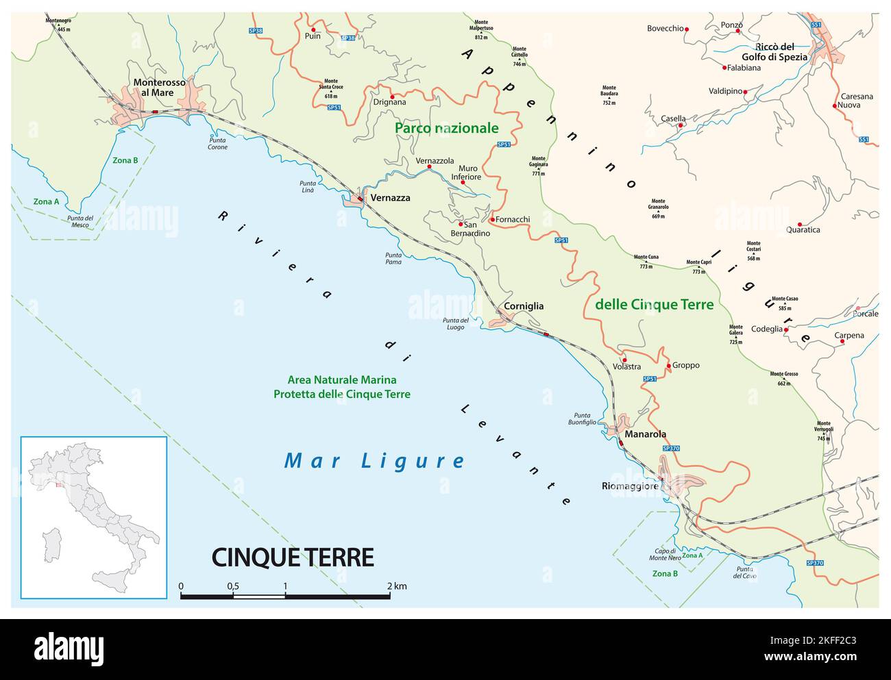 Carte routière paysage culturel italien des Cinque Terre, Ligurie Banque D'Images