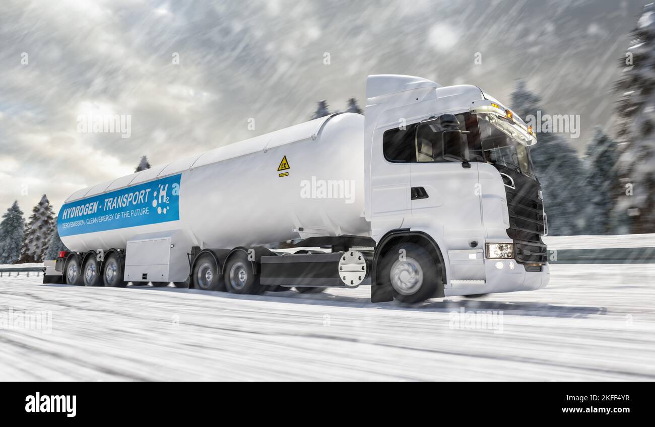 Concept de logistique de l'hydrogène. Camion avec remorque-citerne sur une route enneigée d'hiver. Nouvelle image de concept d'énergie Banque D'Images