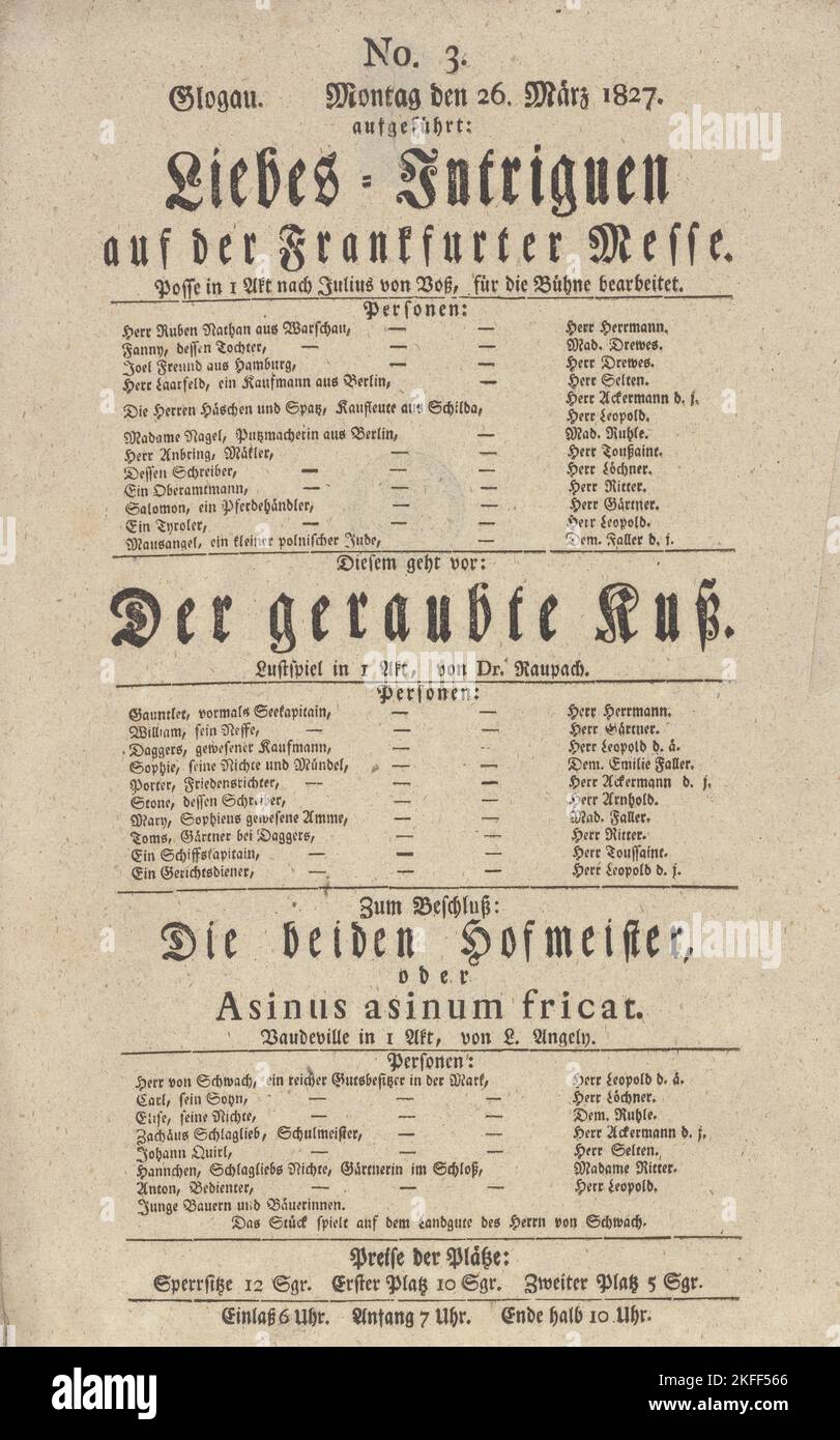 Projet de théâtre pour « Liebes-Intriguen auf der Frankfurter Messe », « Der geraubte Ku&#xdf; » et « Die beiden Hofmeister, oder Asinus asinum frisat », Glog&#XF3;W, 26 mars 1827, c1827. [; lieu: Glog&#XF3;W] titre(s) supplémentaire(s): Beiden Hofmeister, oder Asinus asinum friction Banque D'Images