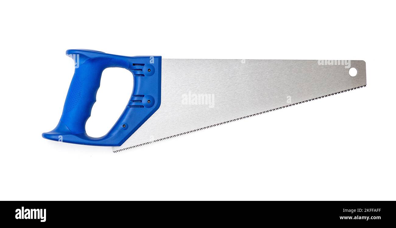 Scie à main en acier avec poignée bleue en plastique isolée sur une vue de dessus blanche Banque D'Images