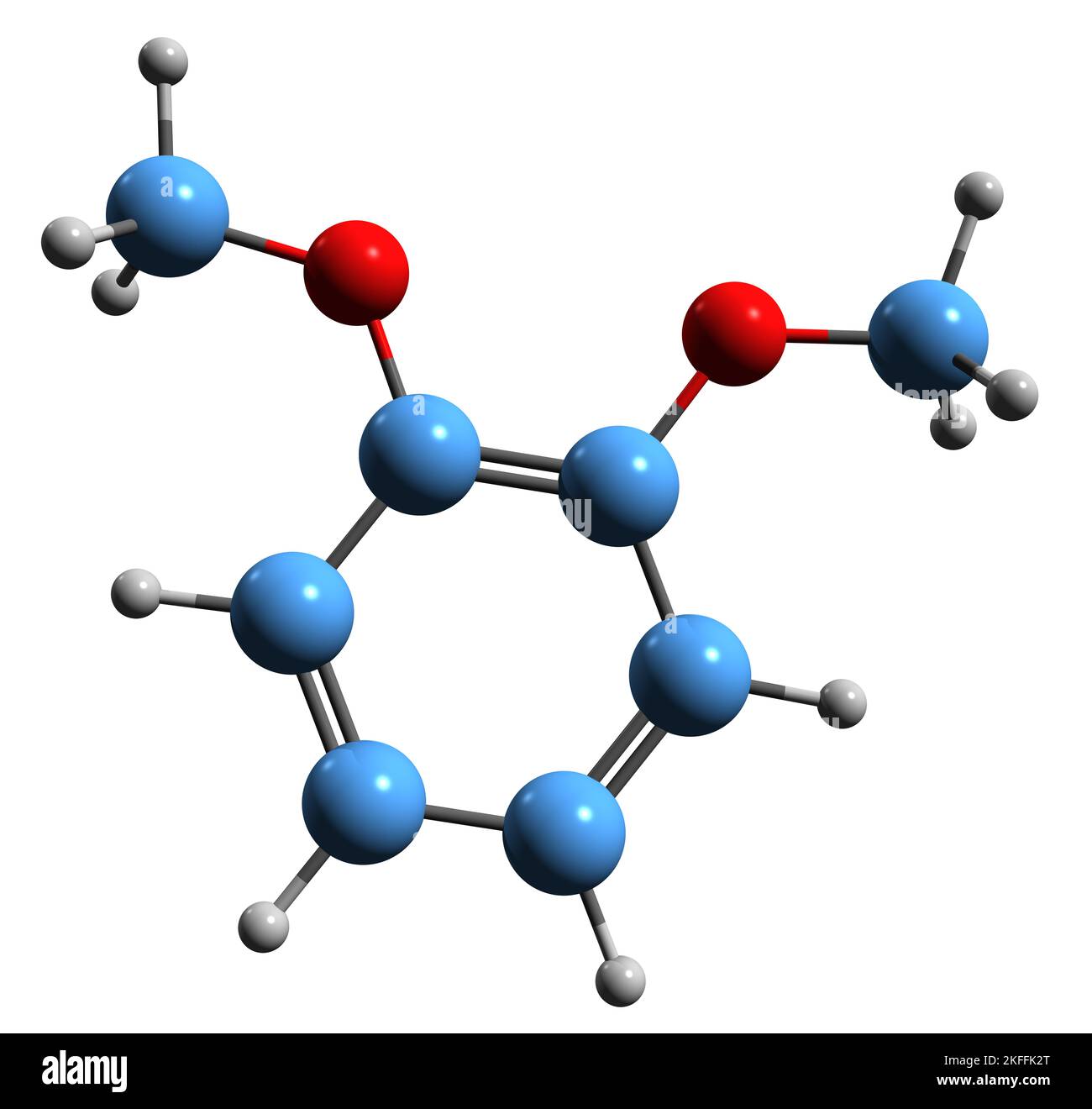 3D image de la formule squelettique du vératrole - structure chimique moléculaire du diméthoxybenzène isolé sur fond blanc Banque D'Images