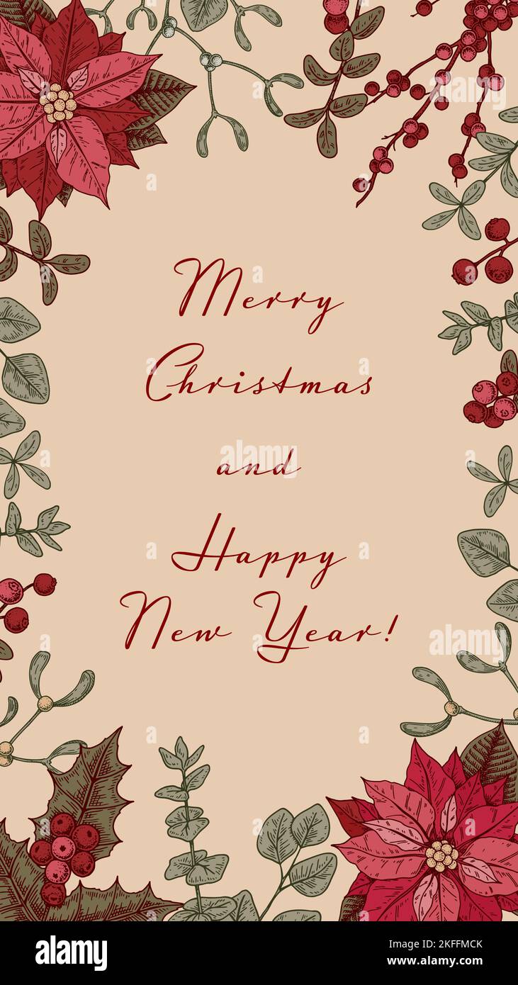 Carte de voeux verticale Joyeux Noël et joyeux nouvel an avec fleur de poinsettia dessinée à la main et brunch au GUI. Modèle de témoignages sur les médias sociaux Illustration de Vecteur