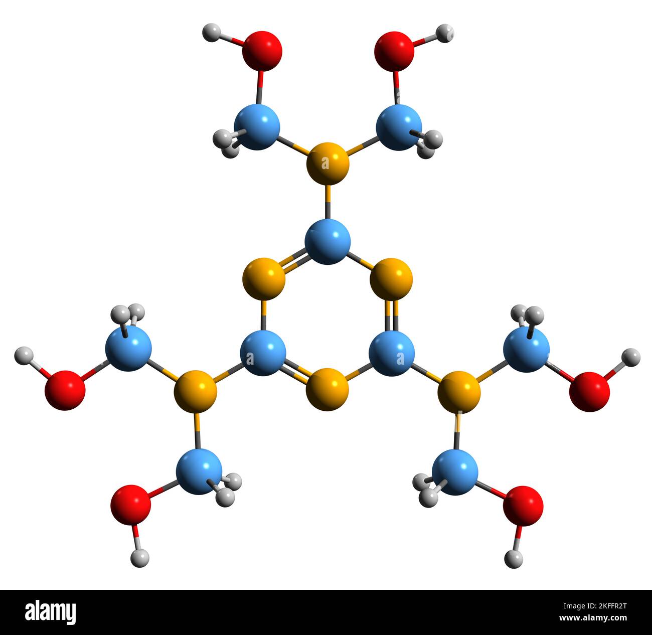 3D image de la formule squelettique de l'hexaméthylomélamine - structure chimique moléculaire de l'hexaméthylol mélamine isolée sur fond blanc Banque D'Images