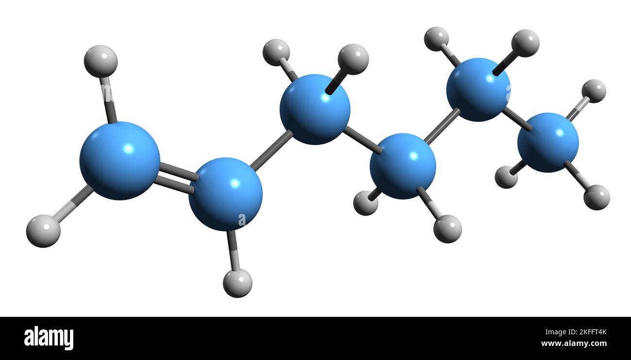 3D image de la formule squelettique de l'hexène - structure chimique moléculaire de l'éthylène butylique isolé sur fond blanc Banque D'Images