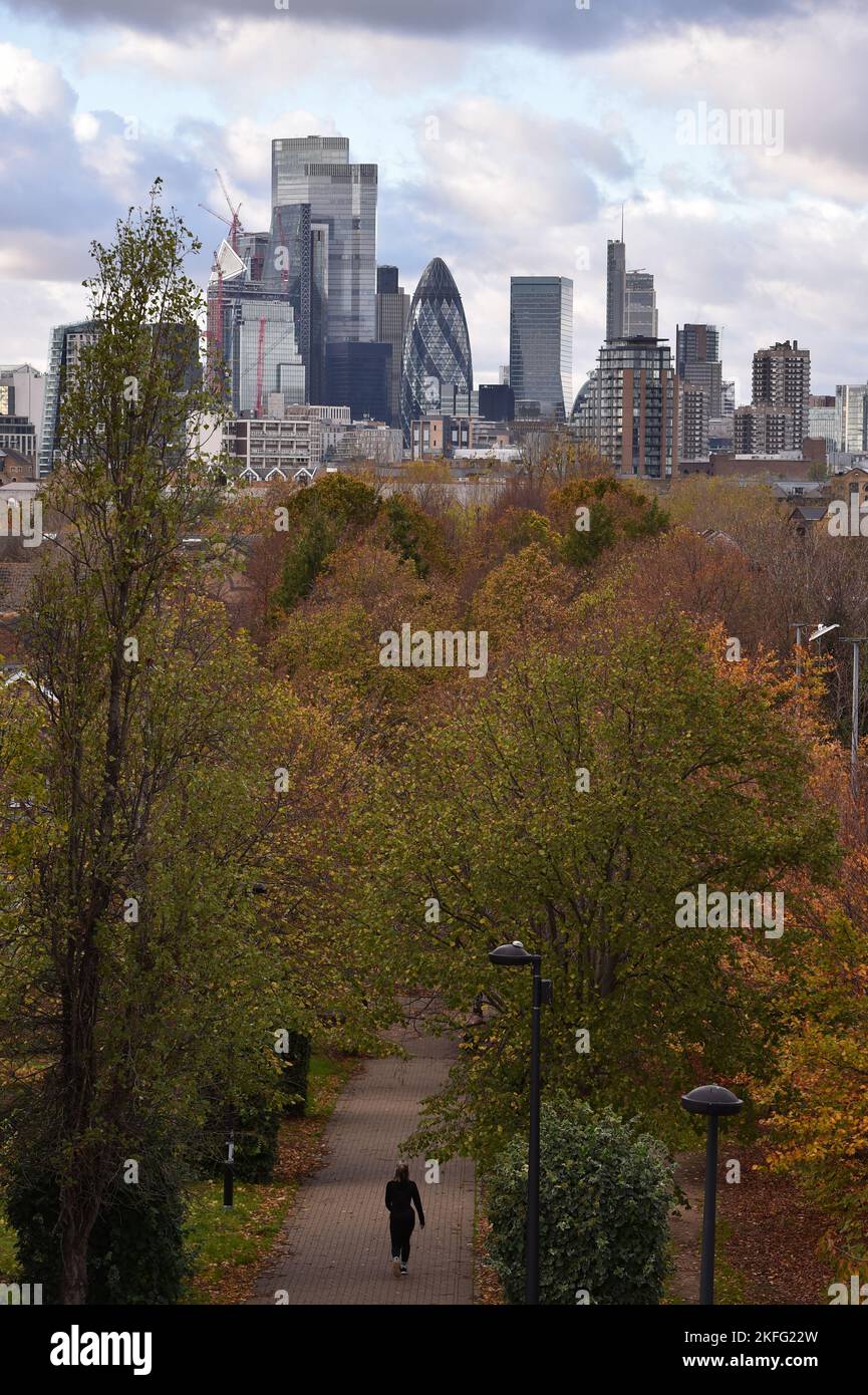 Londres, Angleterre, Royaume-Uni. 18th novembre 2022. Vue générale de la ville de Londres depuis Stave Hill. Le ministre des Finances du Royaume-Uni, Jeremy Hunt, Chancelier de l'Echiquier, a confirmé que le Royaume-Uni était officiellement tombé dans une récession pour la première fois depuis 2008, alors que le pays est confronté à la plus forte baisse du niveau de vie jamais enregistrée. (Image de crédit : © Thomas Krych/ZUMA Press Wire) Banque D'Images