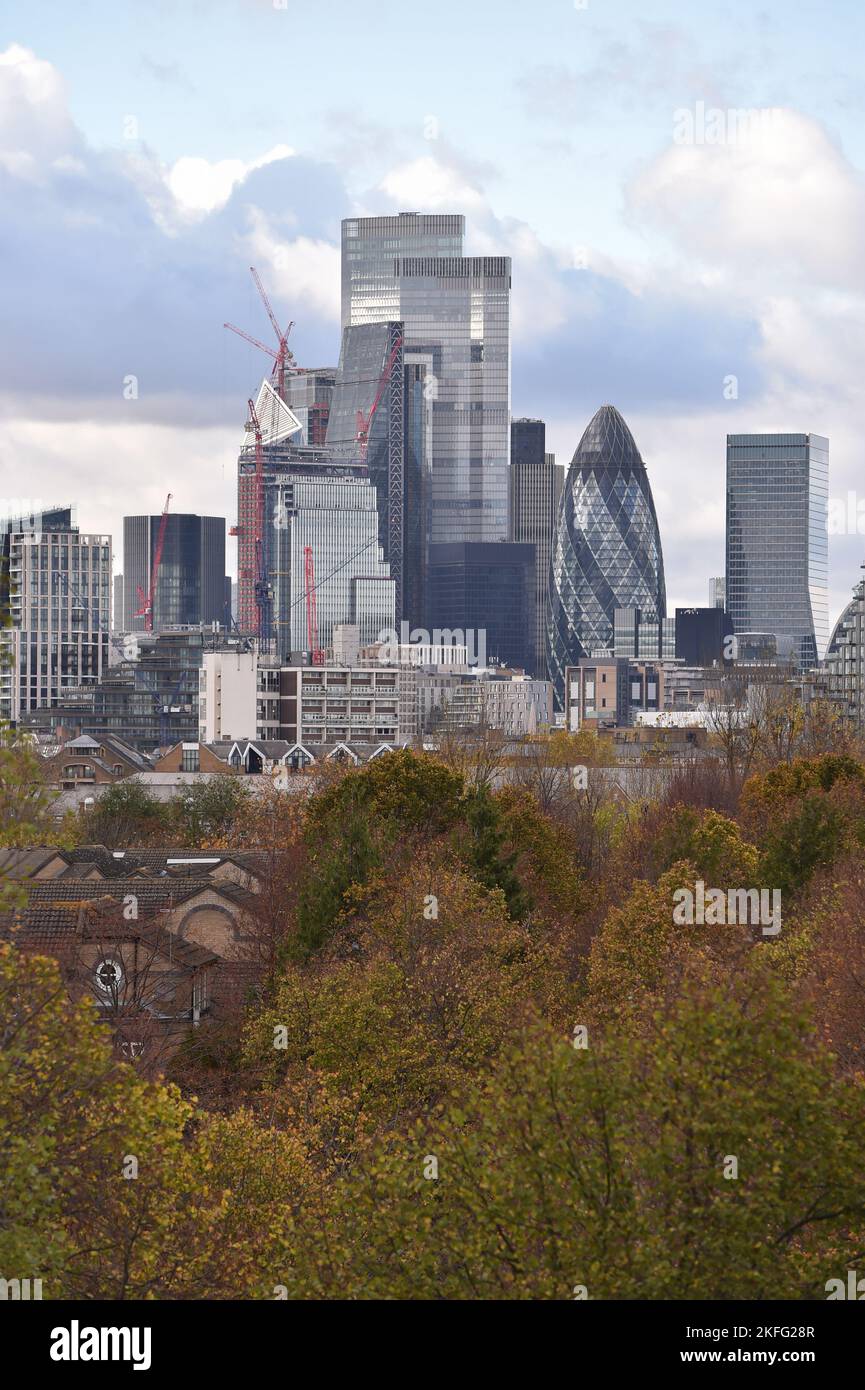 Londres, Angleterre, Royaume-Uni. 18th novembre 2022. Vue générale de la ville de Londres depuis Stave Hill. Le ministre des Finances du Royaume-Uni, Jeremy Hunt, Chancelier de l'Echiquier, a confirmé que le Royaume-Uni était officiellement tombé dans une récession pour la première fois depuis 2008, alors que le pays est confronté à la plus forte baisse du niveau de vie jamais enregistrée. (Image de crédit : © Thomas Krych/ZUMA Press Wire) Banque D'Images