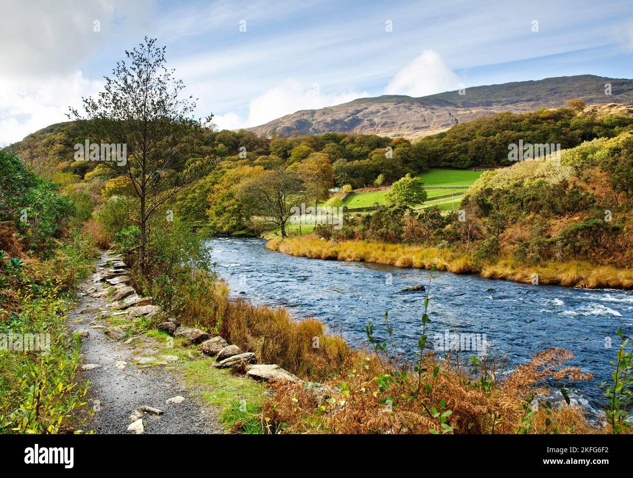 Rivière Glaslyn (photographie d'Afon Glaslyn) s'écoule de Llyn Dinas en automne Le Parc National de Snowdonia Gwynedd au nord du Pays de Galles Royaume Uni Europe Banque D'Images